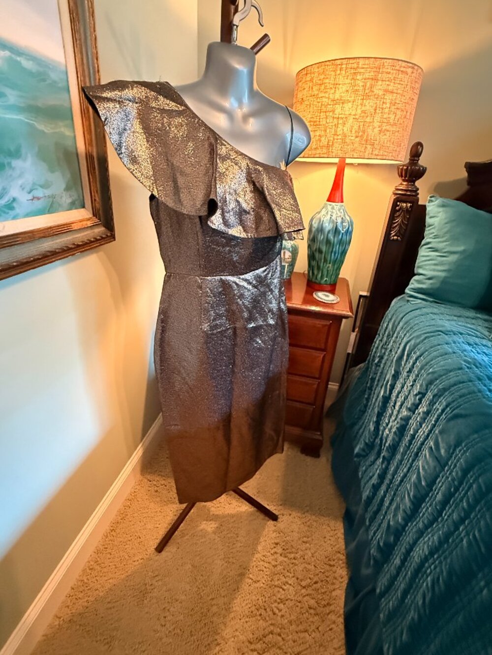 NWT Rachel Zoe "Tabitha" Metallic One-Shoulder Ruffle Midi Dress